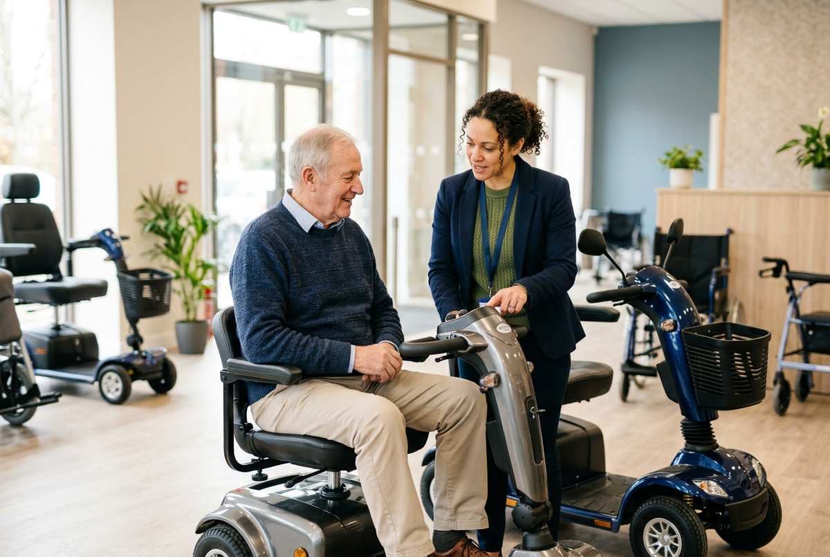 A customer seated on a mobility scooter discussing its controls with an adviser in a showroom.