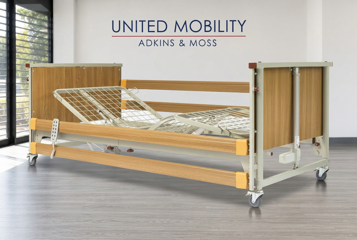 Oak community bed with adjustable metal mattress platform, side rails, and caster wheels