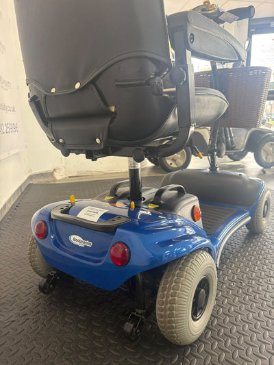 Blue Eden Bootmaster mobility scooter rear three-quarter view with black seat
