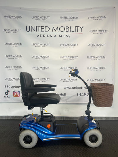 Blue Eden Bootmaster mobility scooter in side view with seat and front basket