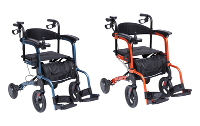 Powered rollator wheelchair in blue and orange, with seat, storage bag, handles, and footrests