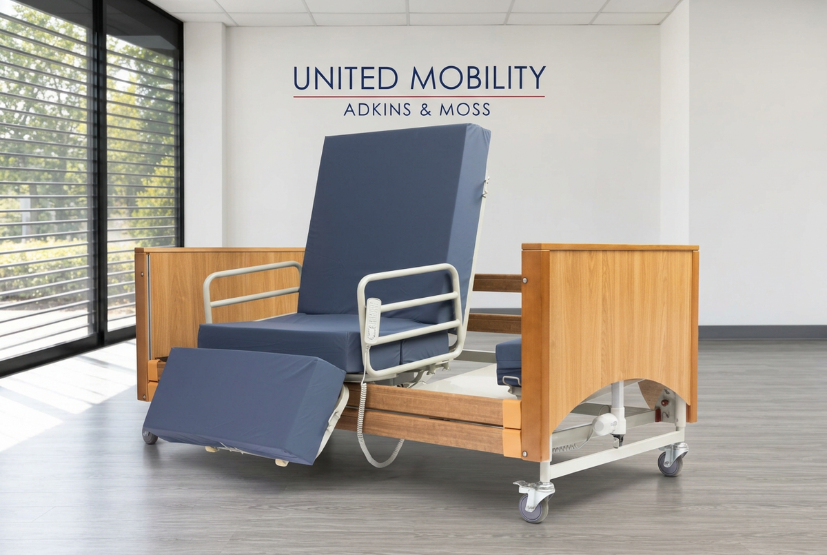 Alerta Lomond rotate-and-stand-up bed with blue mattress, side rails, and wood-effect panels
