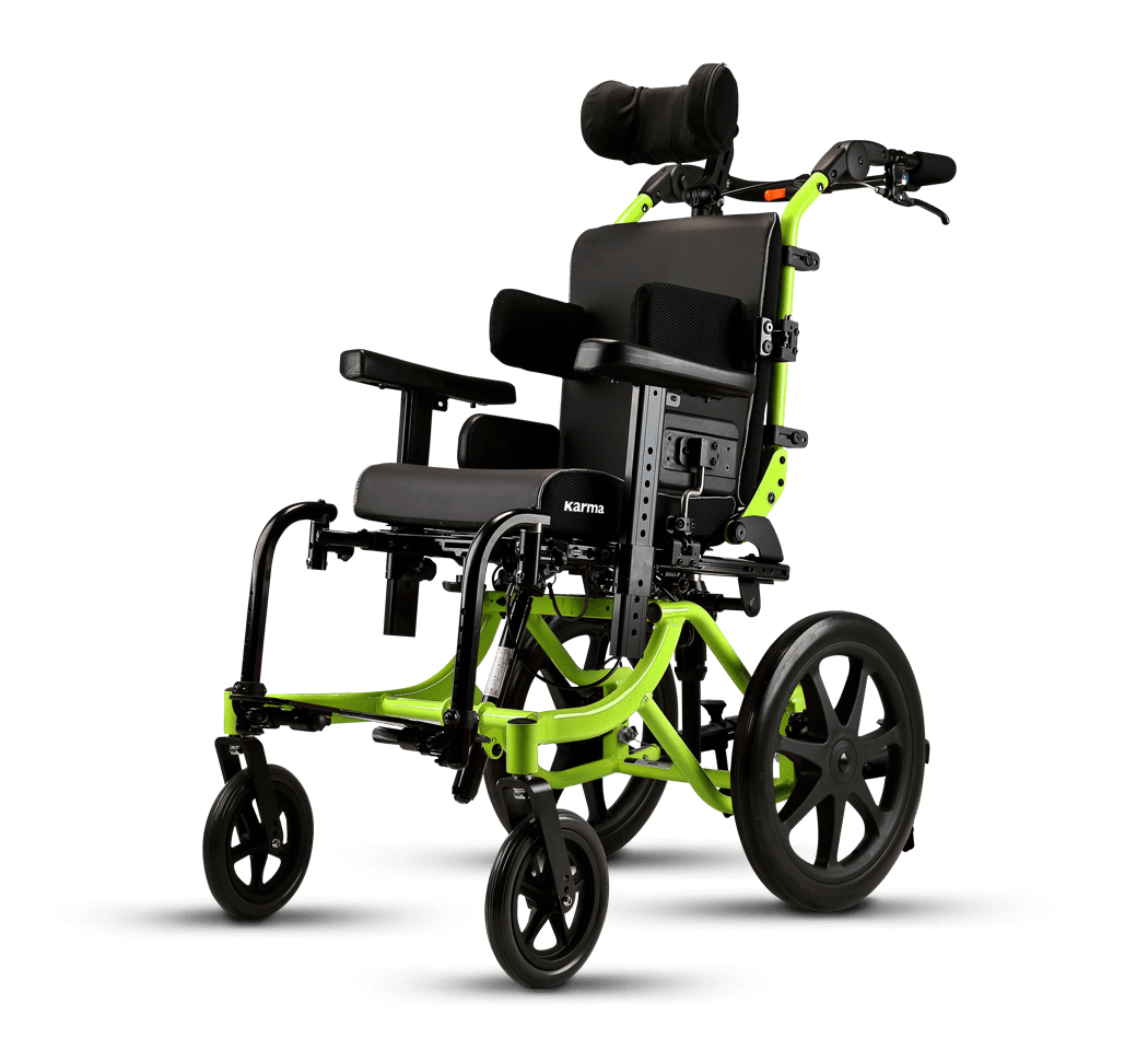 Karma Flexx Adapt paediatric wheelchair with apple green frame black seating headrest and positioning supports