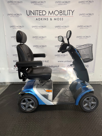 Blue and silver mobility scooter side profile with black seat and armrests