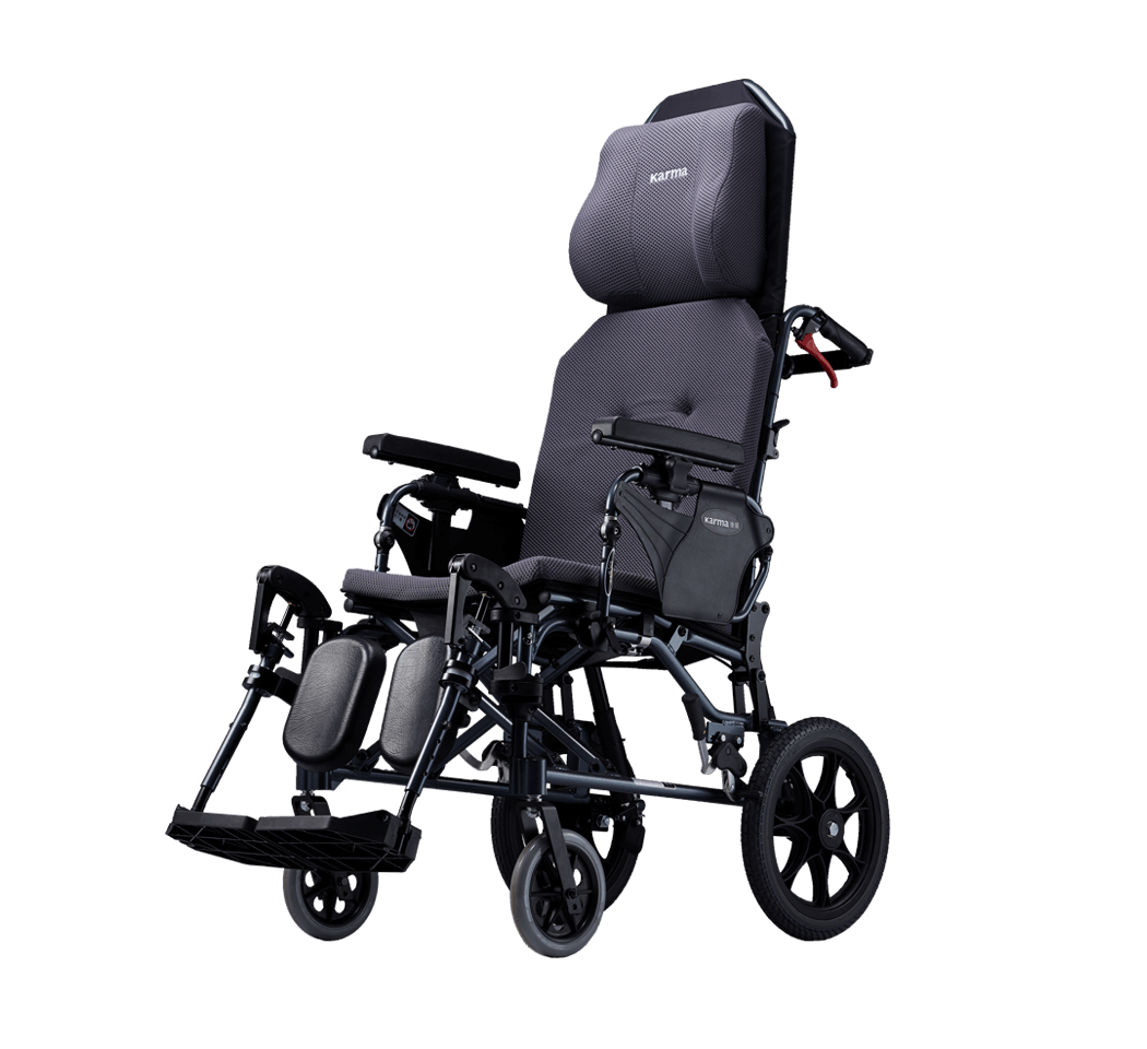 Karma MVP 502 transit wheelchair with tall padded backrest head support and padded elevating legrests