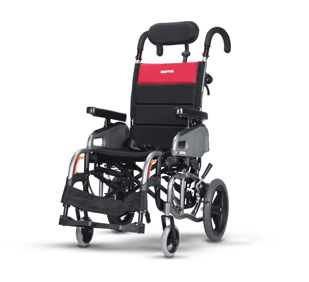 Karma VIP2 transit wheelchair with headrest black upholstery red upper back panel and small rear wheels