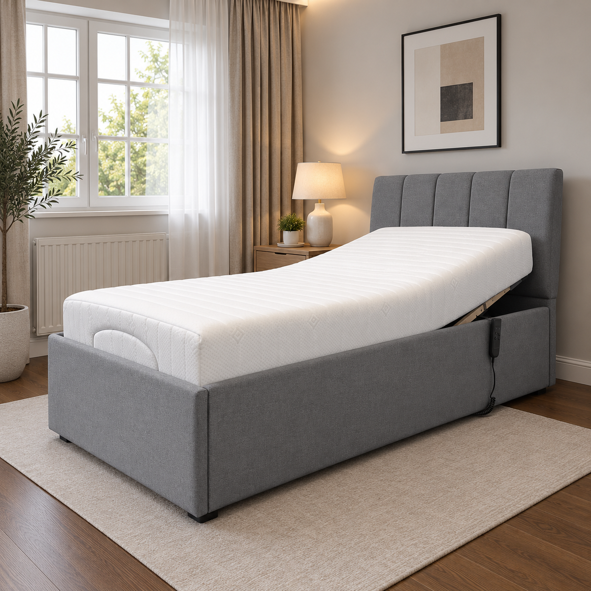 Grey upholstered adjustable bed with white mattress, rounded side armrests and paneled headboard