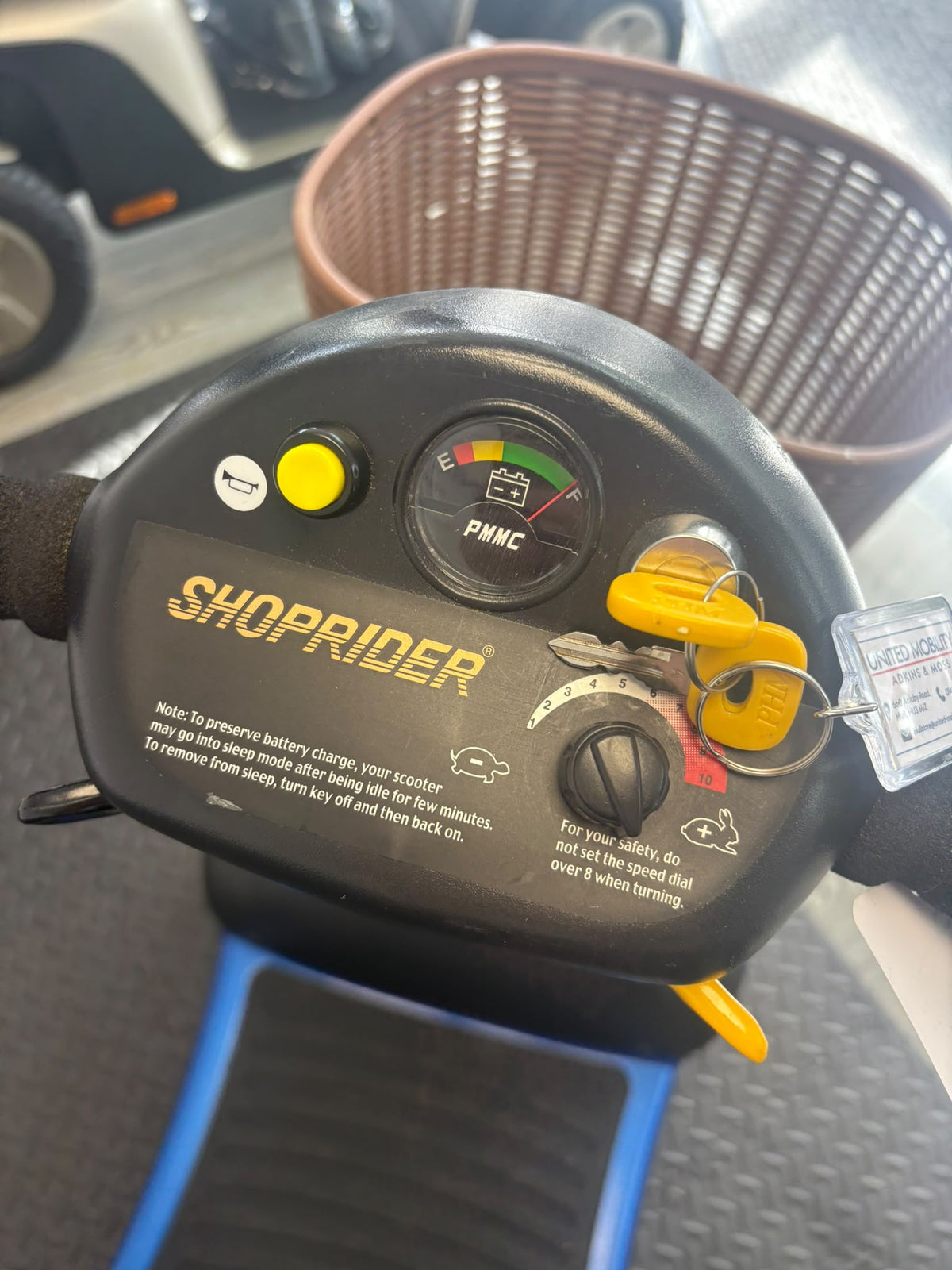 Eden Bootmaster scooter control panel with battery gauge, buttons and key