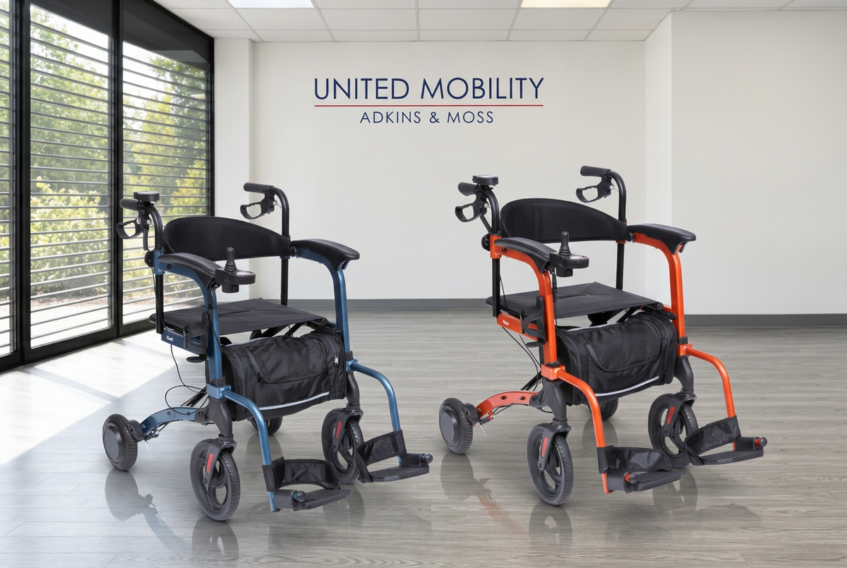 Alerta powered rollator-wheelchair pair in blue and orange, with seats, footrests and storage bags