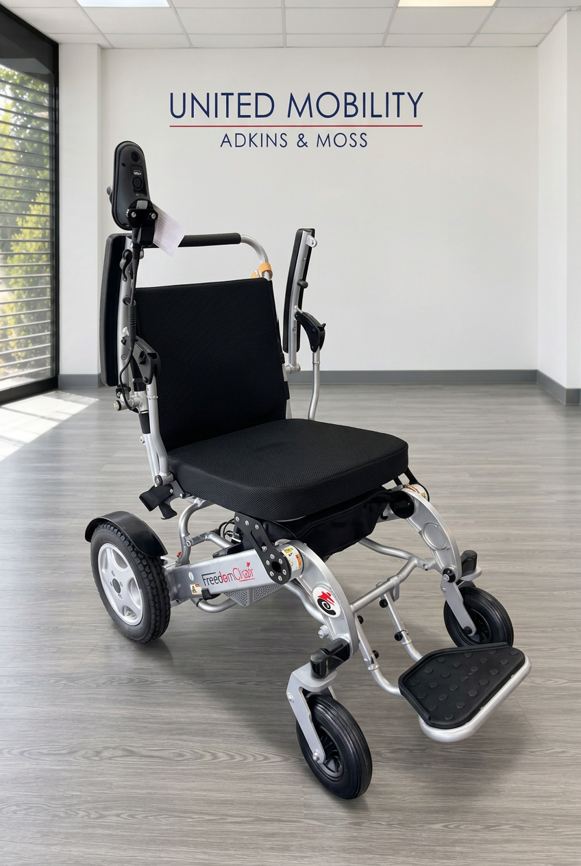 Used folding electric wheelchair with black seat, silver frame, rear wheels, and front footplate