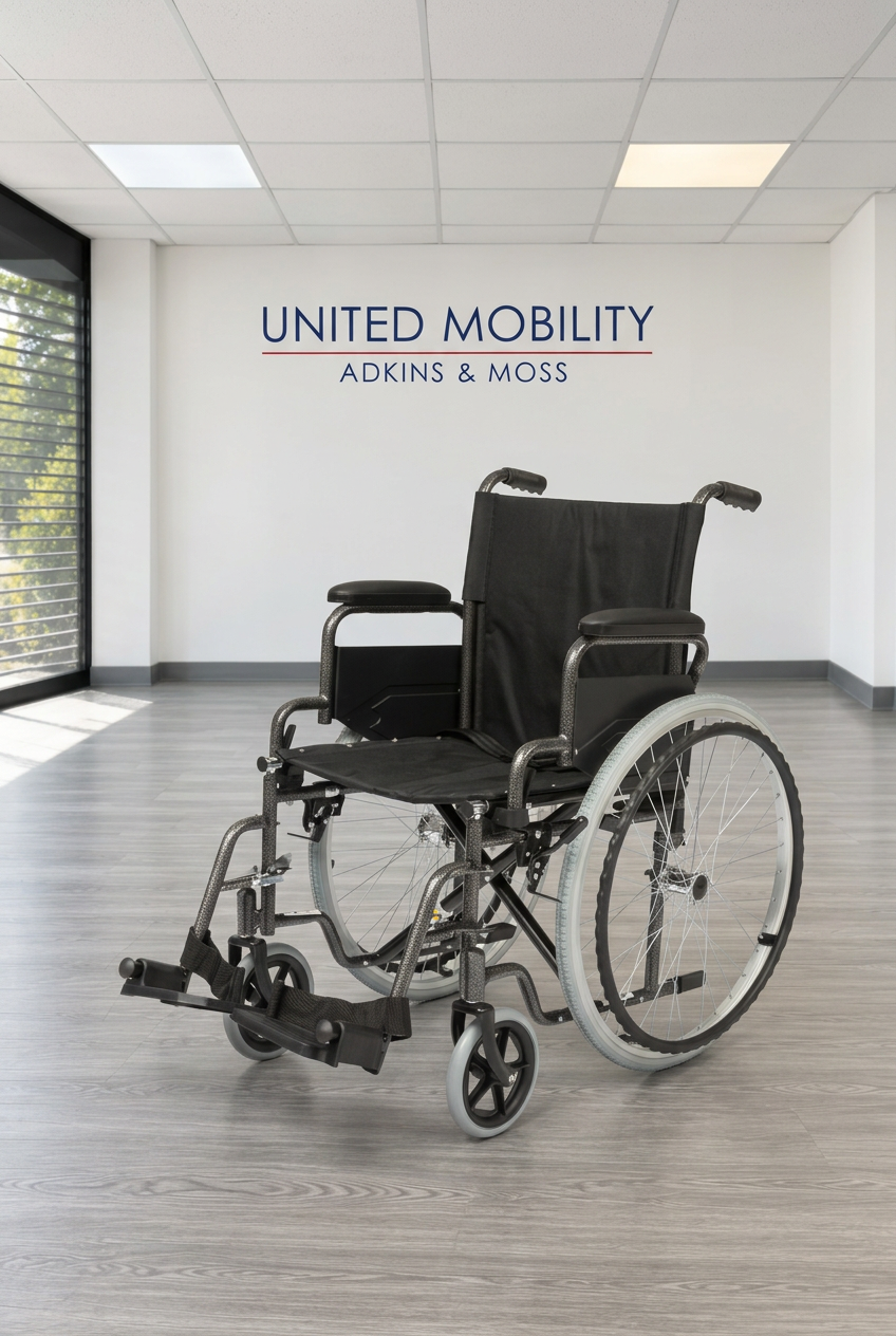Black Alerta self-propelled wheelchair with large rear wheels and footrests against a United Mobility showroom background
