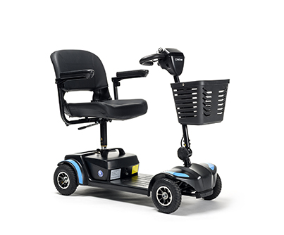 Vermeiren mobility scooter with black padded seat, armrests, front basket and blue trim