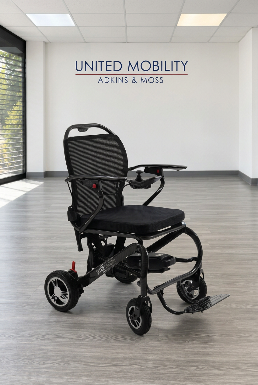 Black Monarch MM60 Carbon folding powerchair with mesh backrest, padded seat, joystick control and folding footplate in the United Mobility showroom.