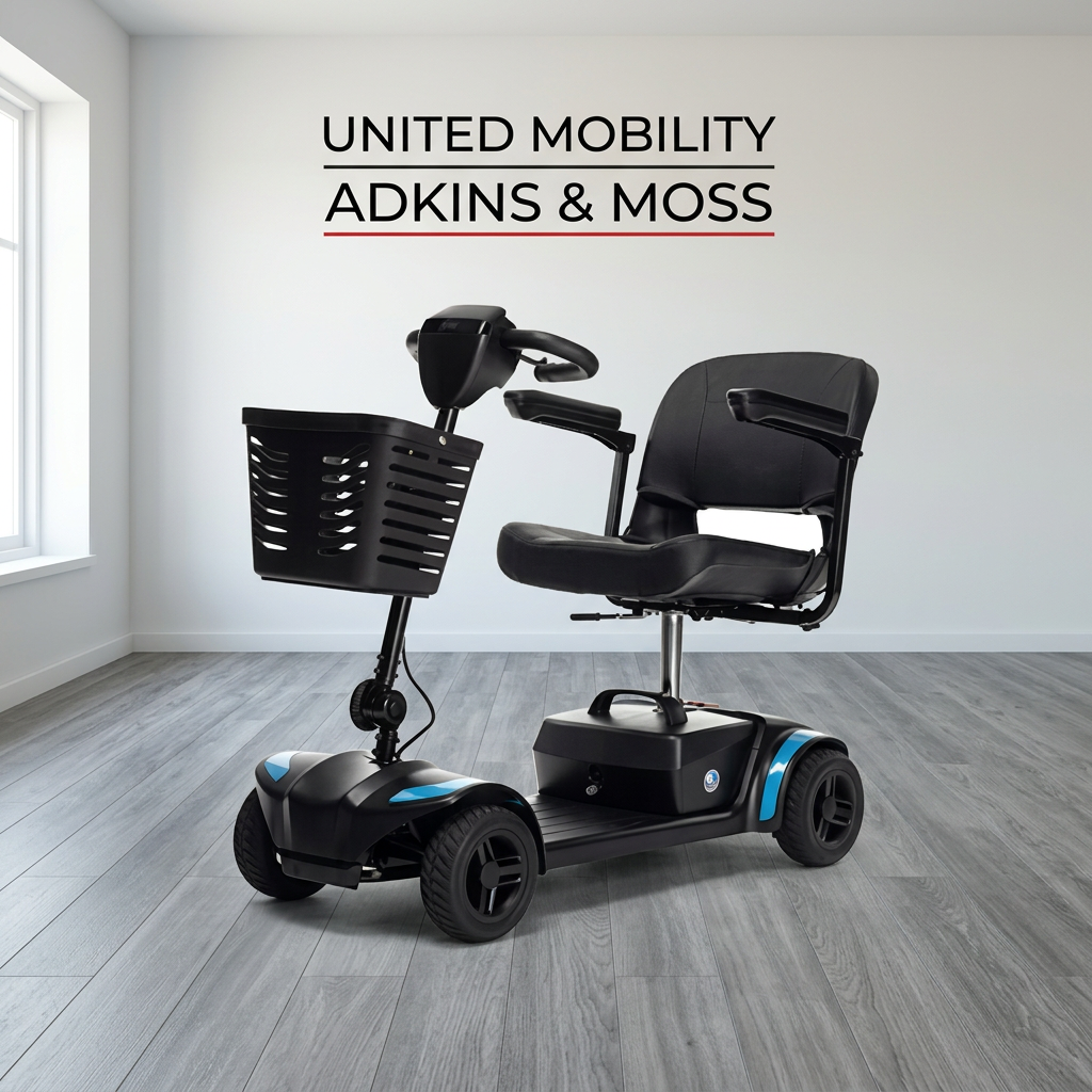 Blue-and-black Vermeiren One Compact mobility scooter with front basket and padded seat in an AI-edited United Mobility showroom setting