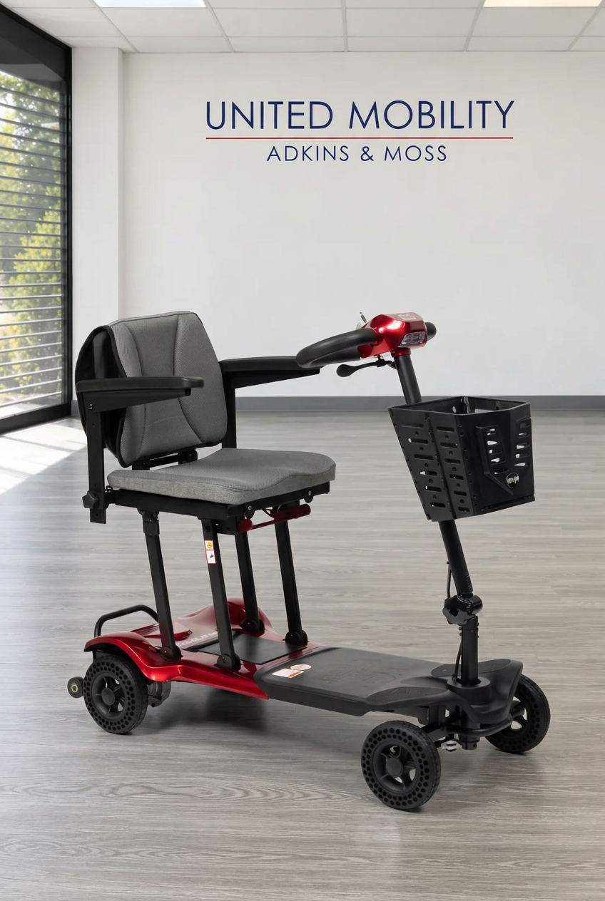 Red and black Monarch Mojo Whizz folding mobility scooter with grey padded seat and front basket in the United Mobility showroom.
