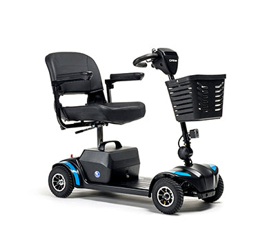 Vermeiren One Air+ LED mobility scooter with black seat, front basket, and four wheels