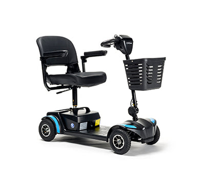 Black mobility scooter with front basket, front and side view, spring suspension-style seat
