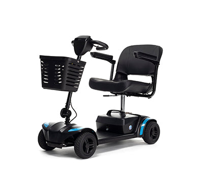 Vermeiren One mobility scooter with blue trim, viewed from the front at an angle, showing the black seat, armrests and front basket.
