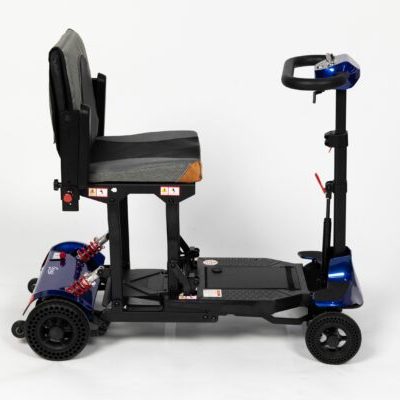 Black mobility scooter with a seat, handlebars, and a basket.