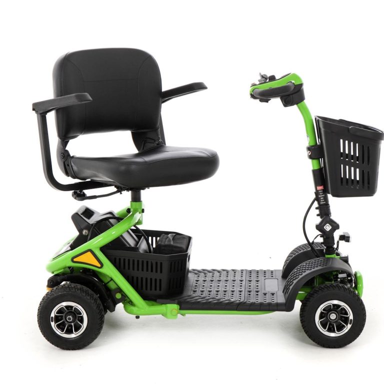 A small, green mobility scooter with a black seat and handles.