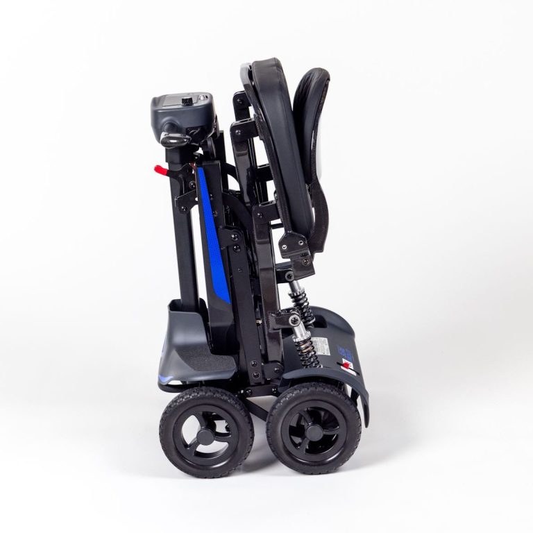 Folded mobility scooter with three wheels and a compact design.
