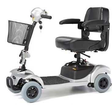 A compact mobility scooter with a comfortable seat and a front basket.
