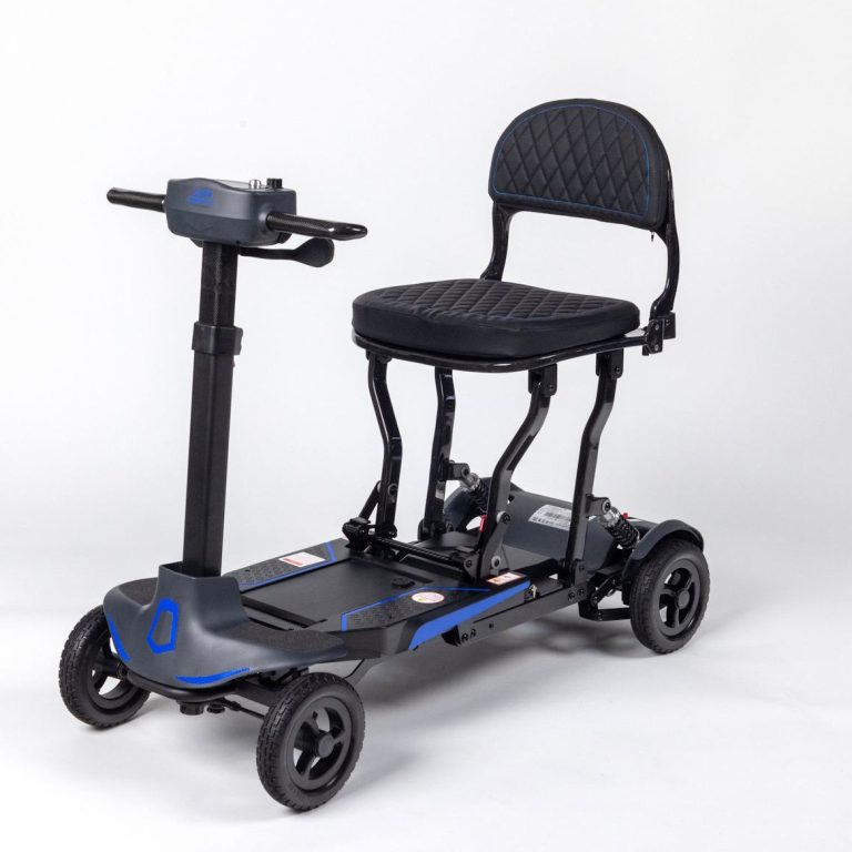 Electric mobility scooter with a comfortable seat and handlebars.