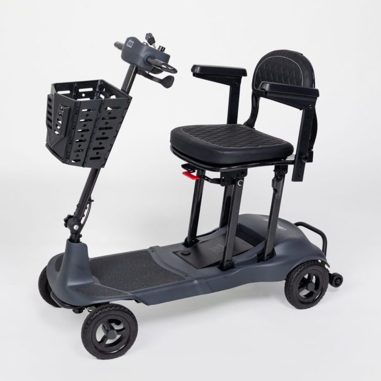 Black mobility scooter with a seat, handlebars, and a basket.