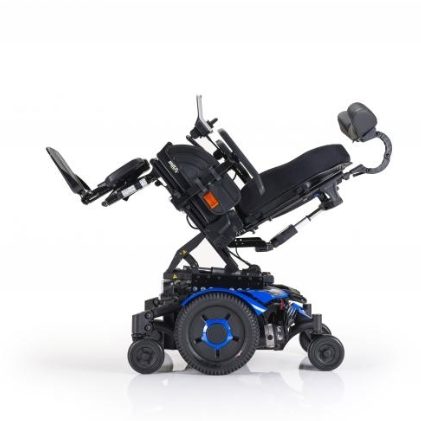 A black and blue powered wheelchair with recline and adjustable support features.