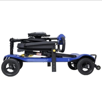 A mobility scooter with adjustable seat and steering for enhanced accessibility.