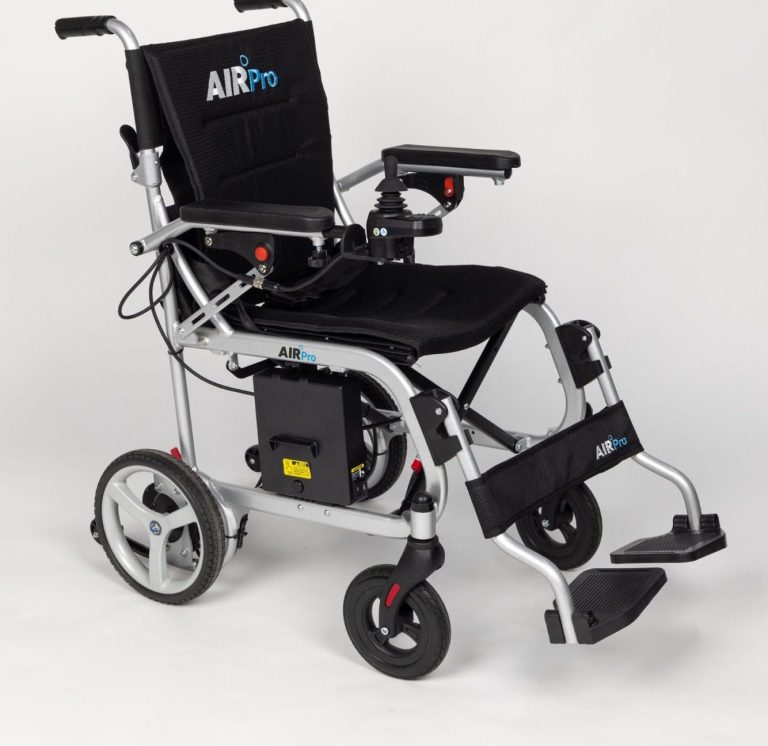 Lightweight electric wheelchair with a black seat and adjustable footrests.