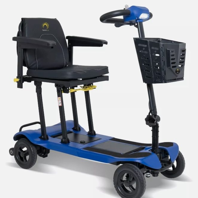 Black mobility scooter with a comfortable seat and handlebars for steering.
