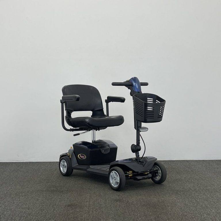 A mobility scooter featuring a comfortable seat and a front storage basket.